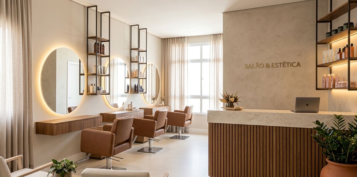 Salão com espelhos redondos iluminados, cadeiras e balcão de madeira